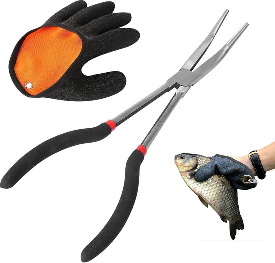 SnelShoppen - Vismateriaal Set: 28cm Vis Pliers, Rechtshandige Vis Handschoenen, Gebogen Scharen, Haak Verwijderaar, Haakopener, Perfect voor Snoek Vi