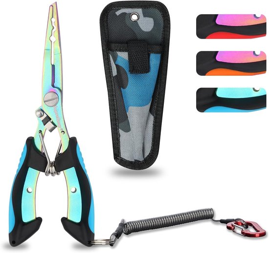 SnelShoppen - Vissers Pliers Multicolor RVS Gereedschap met Split Ring, Haakverwijderaar, Lijnsnijder, Sheath en Lanyard - Zeewaterbestendig en Veelzi