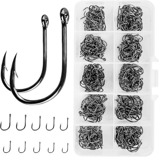 SnelShoppen - Vissershaak Set 500 Stuks (10 Maten: 3# - 12#) Koolstof Staal Vissershaken, Corrosiebestendig met Plastic Doos, Barbed Vissershaken voor
