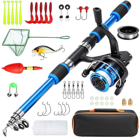 SnelShoppen - Visset voor Kinderen 180 cm - Complete Hengel voor Beginners - Telescopische Hengel met Rol, Aas, 100 m Snoer, Schepnet en Draagtas - He