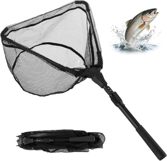 SnelShoppen - Vistechniek Net, Rubber Vangnet 40 x 30 cm, Twee-Delige Vouwbare Telecopische Vangnet 90 cm met Aluminium Frame voor Forel, Zalm, Karper