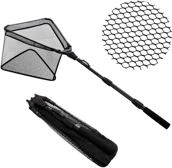 SnelShoppen - Vouwbaar Landing Net voor Vissen - Duurzaam Nylon Net met Rubberen Coating - Driehoekig Net met Antislip Handgreep - Ideaal voor Karper,