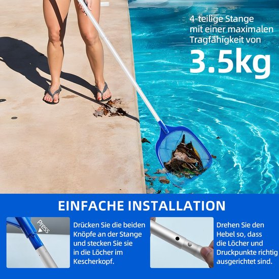 SnelShoppen - Zwembadschepnet 161 cm met telescoopstang, 14,5 cm diep fijnmazig net voor vijver, algen, Bestway-zwembaden, spa, whirlpool, tuin, zwemb