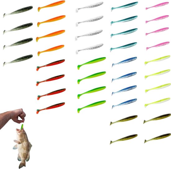 Softbait Set - Rubber visaas voor snoekbaars en roofvissen - 40 stuks, diverse kleuren - Vistechnieken, paddle tail.
