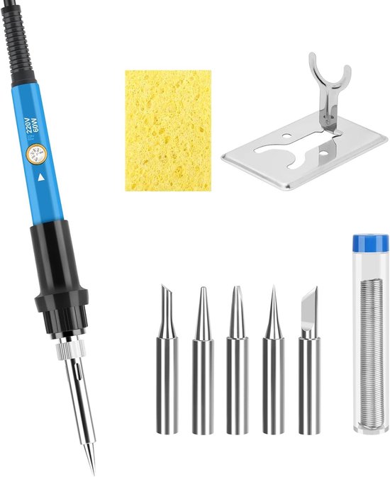 Solderkit 60 W met Instelbare Temperatuur 220-480 °C, Inclusief 10 g Lood, 5 Tips en Ontlodingpomp voor Precisie Reparaties en Elektronica Werkzaamheden