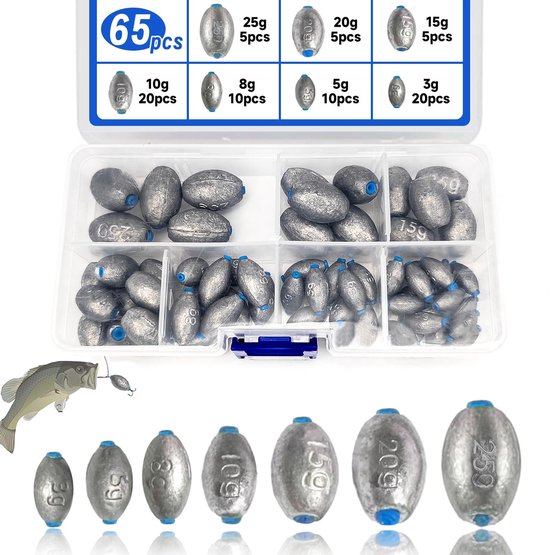 Solidchoice - Set van 65 Vislood Gewichten met Opbergdoos
