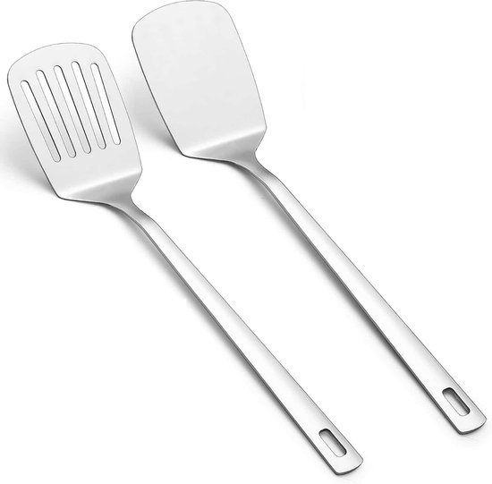 spatel, 2-delig, spatel, sleufspatel, massieve spatel voor het koken van vis, ei, braden, zilver