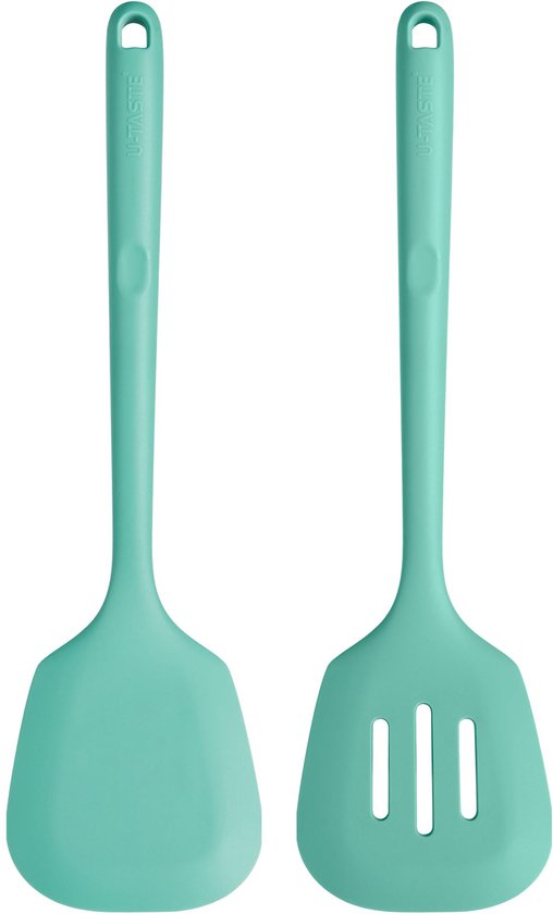 Spatel: 315 ℃ hittebestendige massieve en gleufvormige keukenspatel van Voedselkwaliteit, kookflipper voor het bakken van pannenkoeken vis (Aqua Sky, 2 stuks)