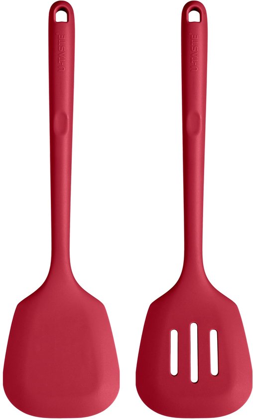 Spatel: 315 ℃ hittebestendige massieve en gleufvormige keukenspatel van Voedselkwaliteit, kookflipper voor het bakken van pannenkoeken vis (Rood, 2 stuks)