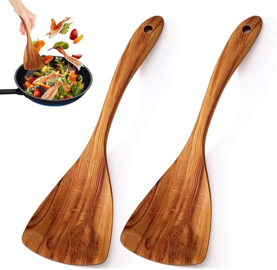 Spatel hout, set van 2 pannenspatels, olijfhout, kooklepel | Houten keukengerei, hittebestendig, antibacterieel, vaatwasmachinebestendig