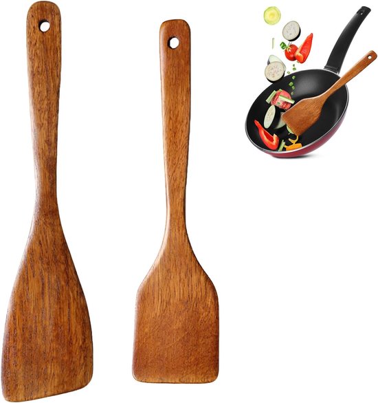 Spatel, houten spatel om te koken, houten kookbestek, premium pannenlift, houten spatel, houten spatel, keukenspatel met lange handgreep van massief hout hardhout, 2 stuks