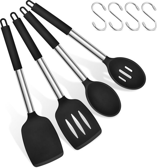 Spatel, kooklepelset, siliconen keukengerei keukenhulp voor koken, kookbestek, kookgerei met roestvrijstalen handgreep, duurzaam en vaatwasmachinebestendig, zwart, 8 stuks
