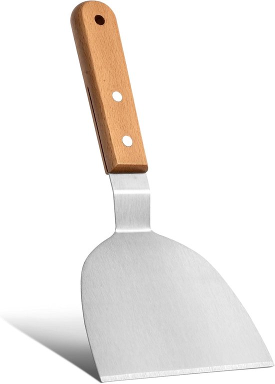 spatel met houten handvat, 26 x 10 cm, steakspatel van metaal, grillspatel, keukenhulp, robuuste metalen spatel voor grillen, braden en pizza