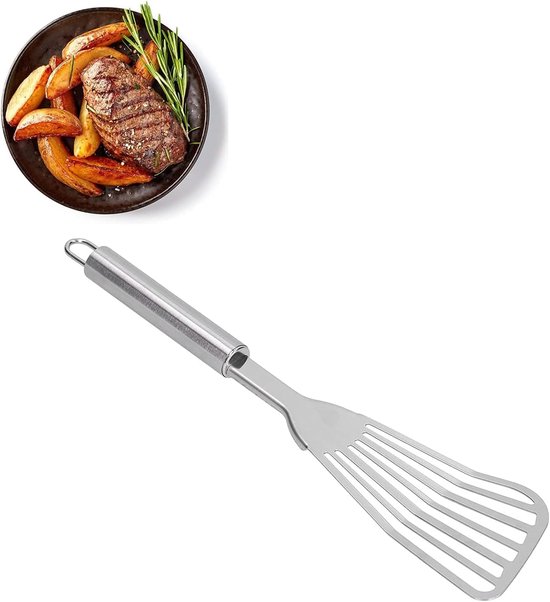 spatel met sleuf, roestvrij staal dik gepolijst vis draaier ergonomisch handvat flipper anti-aanbak kookgerei gereedschap met opknoping gat voor keuken camping restaurant