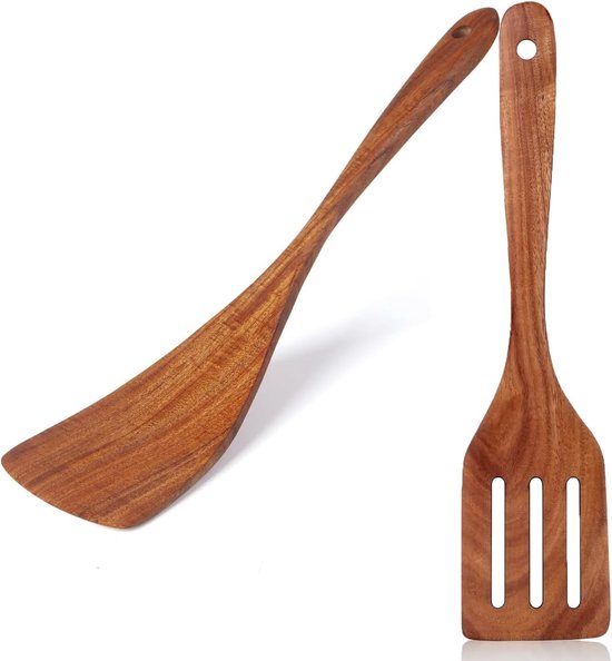 Spatel om te koken, 30 cm, natuurlijk teakhout met lange steel en sleufdraaier, handgemaakt ter bescherming tegen krassen voor de pan, hittebestendig, antibacterieel, keukenspatel set