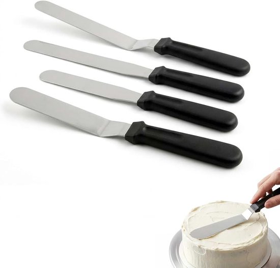 Spatel, roestvrij staal, 20,5 cm, gebogen, voor glazuur, pannenkoeken, cakes, cupcakes en suikerpasta, professioneel gereedschap voor gladde en krasbestendige decoratie (4 set, zwart)