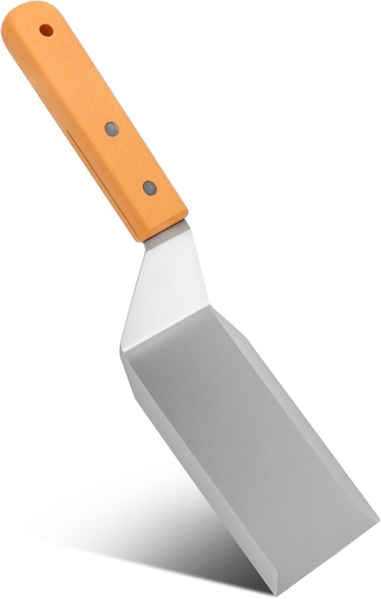 Spatel, roestvrij staal, met houten handvat, 28 x 7,1 cm, grillspatel, hittebestendige keukenschraper, groenteschep, robuuste metalen spatel voor grillen, burgers, braden en ACkeuken