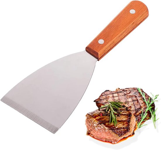 Spatel roestvrij staal, spatel gereedschap, spatel schilderset houten handvat, hoogwaardige roestvrijstalen spatel voor het grillen van Teppanyaki-vlees en voor het reinigen van de grillpan