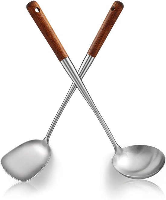 Spatel Set 43cm, RVS Wok Gereedschap met Houten Handvat Hittebestendig, Metalen Spatel en Pollepel, Hoogwaardige Keuken Kookgerei Sets, Wok Accessoires