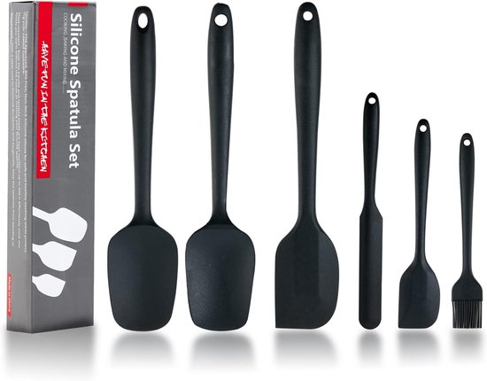 Spatel set 6-delig keukengerei voor koken bakken en mengen hittebestendige antislip rubberen spatel met 550 graden Fahrenheit hittebestendig, zwart