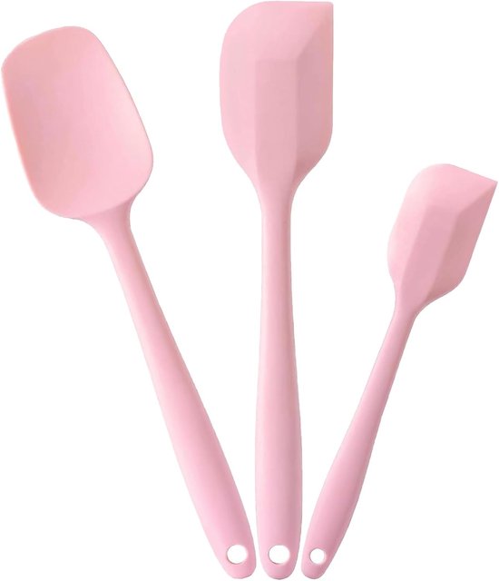 Spatel set voor koken bakken en mixen, Food Grade rubberen spatels, hoge hittebestendig voor anti-aanbak kookgerei, vaatwasmachinebestendig, BPA-vrij, roze keukengerei, pak van 3