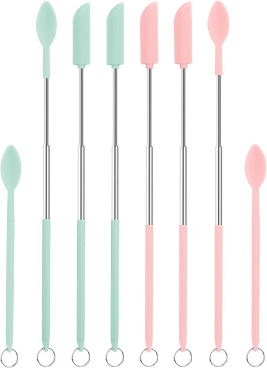 Spatel Siliconen en Lepel, 4st Mini-Spatels 4st Telescopische Lepels Intrekbaar Kleine Make-Up Spatels Set voor Keuken Voedsel Smalle Fles Blik Cosmetica (Roze, Groen)