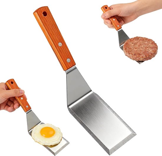Spatel van roestvrij staal met houten handvat, keukenspatel, grillspatel roestvrij staal, robuuste metalen spatel voor grillen, hamburgers, braden en keuken, zilverkleurig
