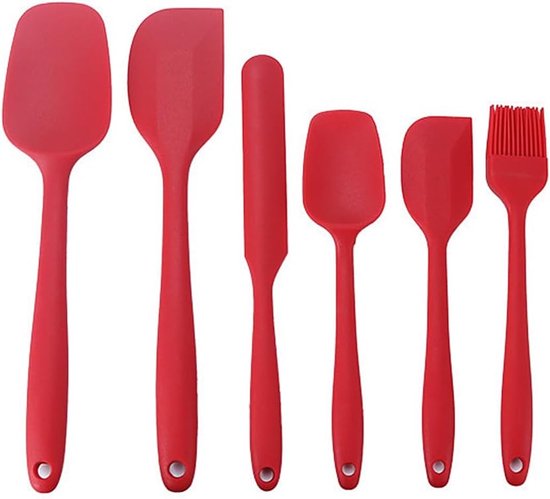 Spatel voor keuken, 6 stuks, keukengerei van voedselveilige siliconen, hittebestendig, keukenspatel voor mengen en bakken, rood