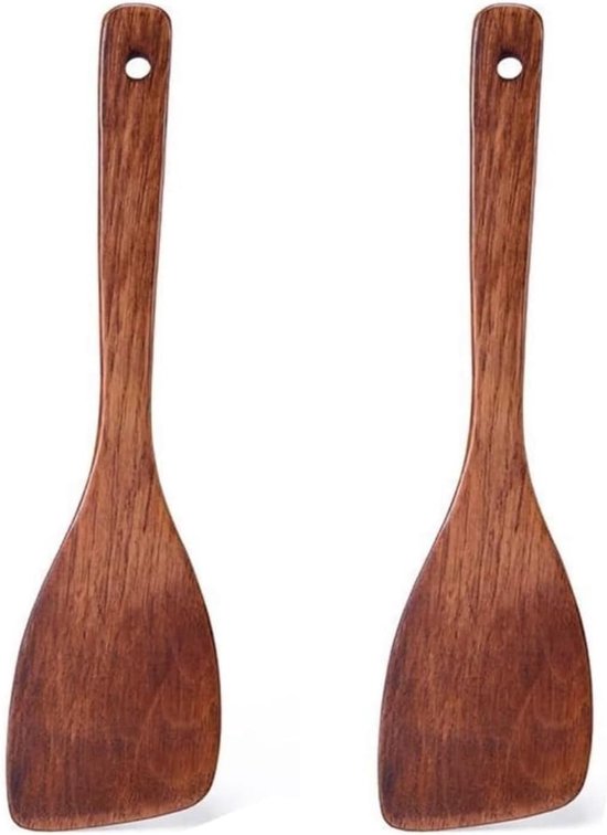 Spatel voor Koken, Massief Keukenspatel met Lang Handvat, Pannenlifter van Hout Keukengerei voor Wok, Pan met Antiaanbaklaag, Kookgerei voor Bakken, Koken, 33 x 8 cm, 2 Stuks