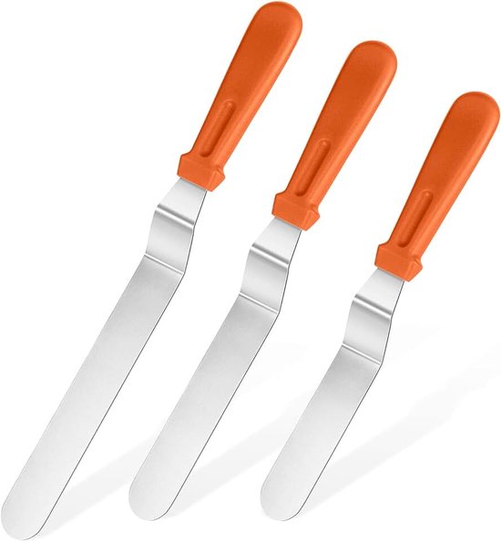 Spatels 18/0 RVS Paletmes (ES,Orange) | Set van 3, Paletmes voor het bakken van Cake Decorating Frosting, 15/20/25cm Metalen Mes met 12cm PP Plastic Handvat