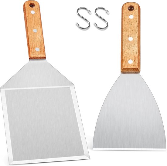 Spatels, 2 stuks roestvrijstaal met houten handvat voor Smash Burger, grillspatel grillspatel voor gasgrill, vuurplaat, teppanyaki, barbecue-accessoire