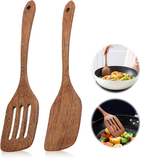 Spatels (30 cm), spatel, houten spatel, houten schraper, keukenhulp hout, spatelset, met lange handgreep en sleufspatel, bescherming tegen krassen voor pan