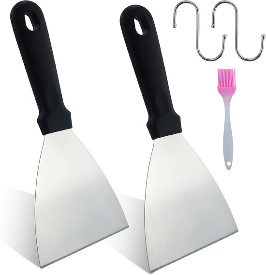 Spatels, 4 stuks, keukenspatels, roestvrij staal, met kunststof handvat, pizzaspatel voor BBQ/keuken/koken/reinigen, schuine rand & vaatwasmachinebestendig