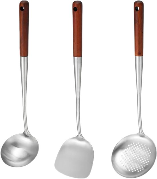 Spatels, hittebestendig houten handvat, professionele schuimlepel van roestvrij staal, wokspatel en lepel (445, 415 en 433 mm)