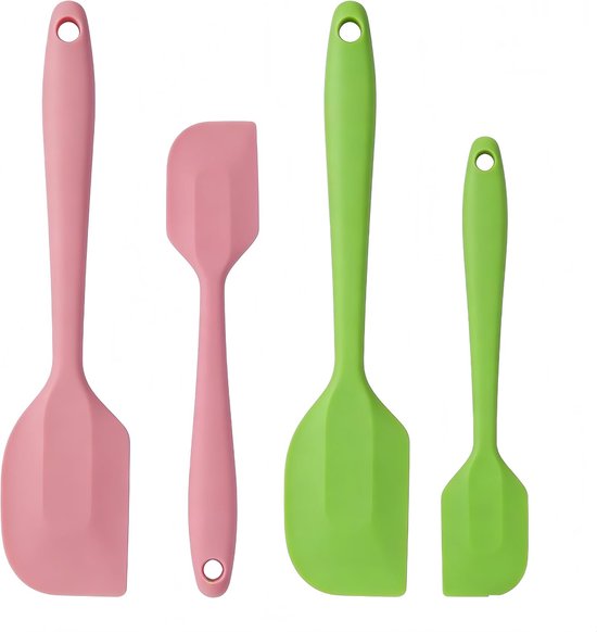 Spatels, Hittebestendige 230 °C, Eendelige, Naadloze Antiaanbakrubberen Schraper, BPA-vrij, 2 Kleine en 2 Grote Spatels (Roze en Groen)