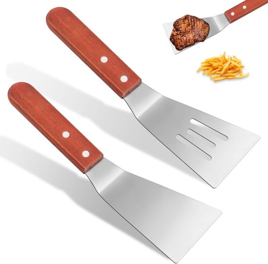 Spatels met houten handvat, grillspatel, kleine pizzaschep, hittebestendige keukenspatel, roestvrij, grillspatel, plancha, spatel voor grillen, braden, teppanyaki