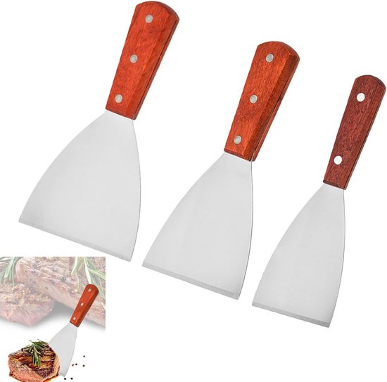 Spatels, pancha spatel, grillwender, set van 3 Teppanyaki-spatels, grillspatelsset van roestvrij staal, grillaccessoires, voor keuken, koken, teppanyaki, barbecue, steak, pizza
