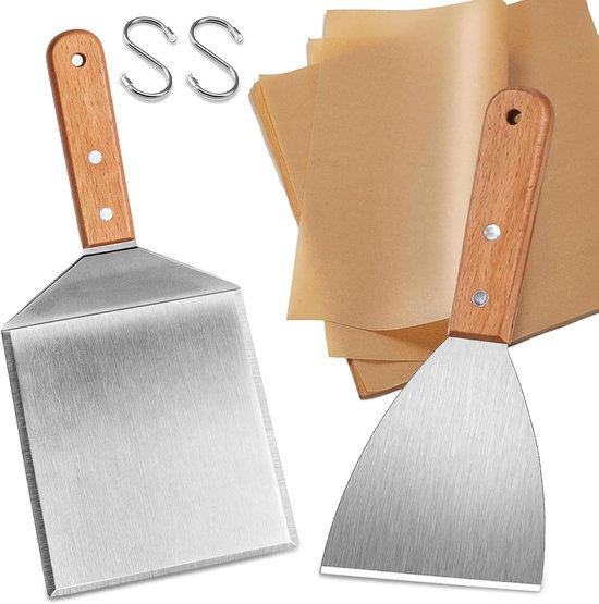 Spatels, plancha spatel voor Smash Burgerset, keukenspatel, grillspatel, hamburgerspatel, voor Teppanyaki BBQ grillspatels, accessoires, geschenken, met 20 hamburgerpapier, 2