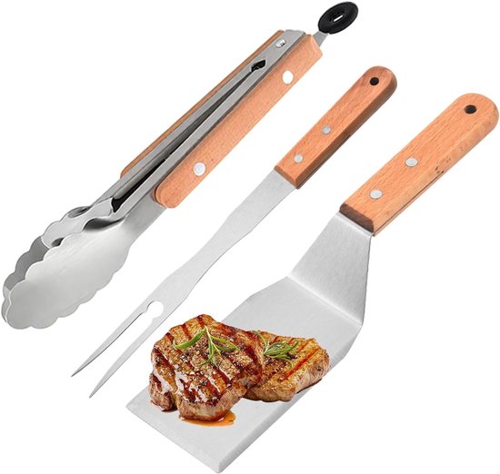 Spatels, RVS BBQ Spatel Set met Tang en Vleesvork, Grillspatel met Houten Handvat, Grillschraper en Barbecuegereedschap voor Buitenbarbecue