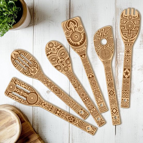Spatels – thema oude totems – houten spatel keuken, origineel bamboe keukengerei voor dames, verjaardag, housewarming