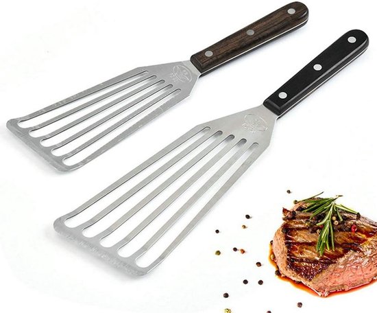 Spatels Turner, Roestvrij Staal Visspatel Grill Spatel, Houten Handvat, Steakspatel Anti-Aanbakspatel Voor Het Koken Van Vis, Eieren, Vlees