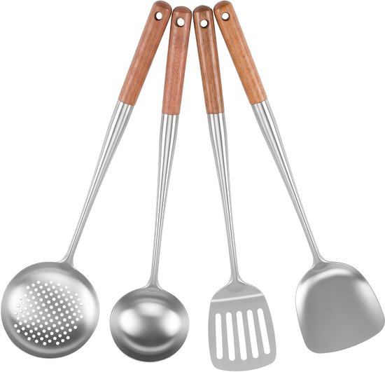 Spatels, vaatwasmachinebestendig, schuimlepel, wok-spatel en pollepel, roestvrijstalen schuimlepel, keukengerei, set met hittebestendige houten handgreep