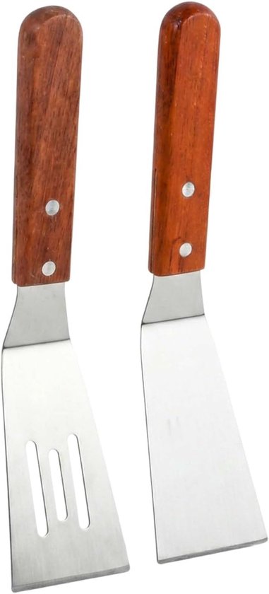 Spatels van roestvrij staal met houten handvat, spatel voor frituren, grillbenodigdheden, teppanyaki, pizzaschep steak, set met gat, glad