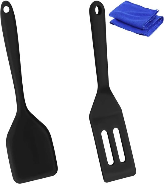 Spatels van siliconen en microvezeldoek, hittebestendig, smalle raclette- en koekjesschep, keukenspatel met gatdesign, zwart