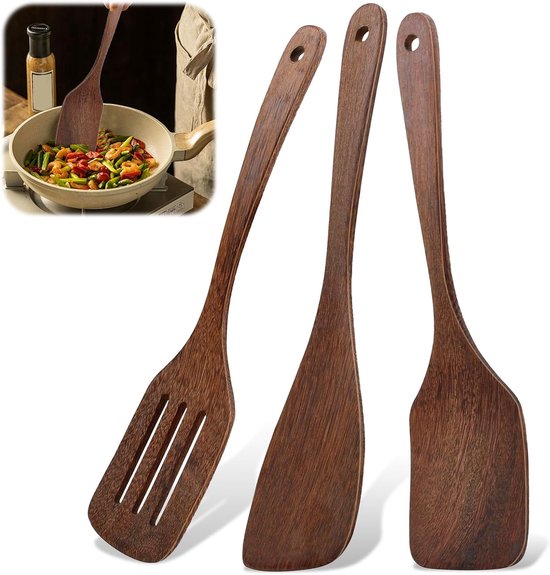 Spatels voor koken, keukenspatel van hout, houten spatel, keuken met nerf, lange handgreep, antiaanbaklaag, houten spatel voor wok, pan met antiaanbaklaag