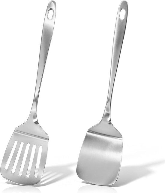 Spatelset, 2-delig, sleuf- en platte roestvrijstalen spatel, geschikt voor antiaanbakpannen, vaatwasmachinebestendig, gemakkelijk te reinigen, voor keuken, barbecue en camping