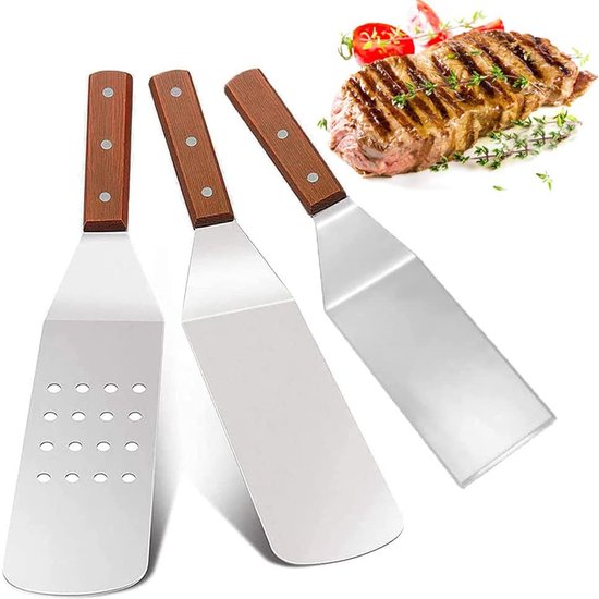 Spatelset, 3 stuks, roestvrij staal, metaal, anti-roest, houten handvat, voor barbecue, keuken, buiten, koken, teppanyaki, 3 stuks