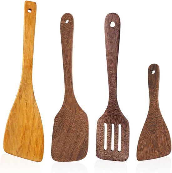 Spatelset, 4-delig, houten spatel voor het serveren van rijst, houten spatel voor de keuken, geschikt voor thuis en restaurant