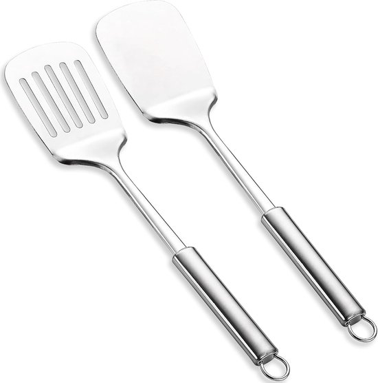 Spatelset, ReaNea zilveren sleufdraaier, vaste draaier, zwaar gebruik geschikte stevige keukenspatel, hoog hittebestendig, ideaal kookgerei voor vis, eieren, pannenkoeken