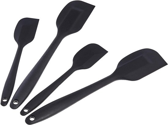 Spatelset, siliconen, antiaanbaklaag, hittebestendig, rechthoekig, vaatwasserbestendig, flexibel, BPA-vrij, 4 stuks: 2 kleine en 2 grote spatels, zwart